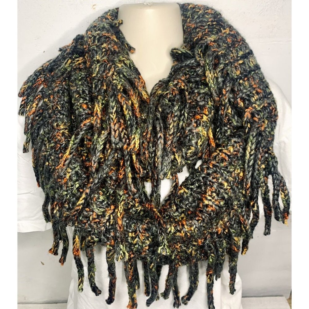 Women’s Infinity Scarf Earthbound Tassels Crochet Gray Orange Yellow Acrylic